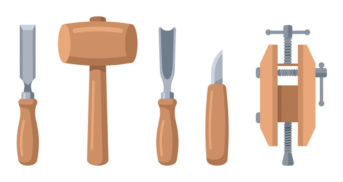 Set of wood carving tools including a chisel, mallet, gouge, knife, and vise arranged in a row, depicted in a clean flat vector illustration style for carpentry concepts