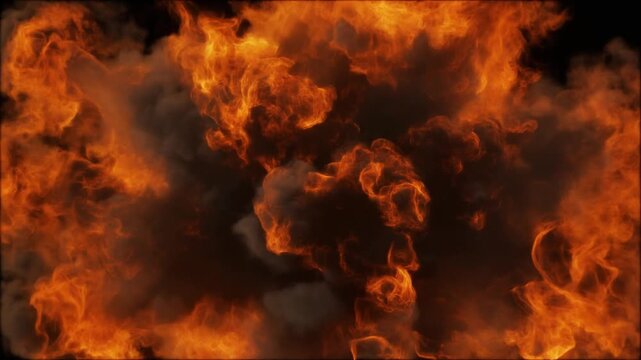 A massive fire rages intensely with flames engulfing everything in its path