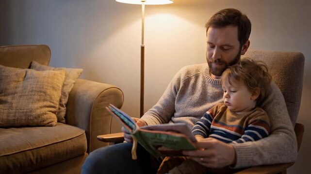 A loving father reads a storybook to his young son while sitting in a cozy armchair under the warm glow of a lamp.