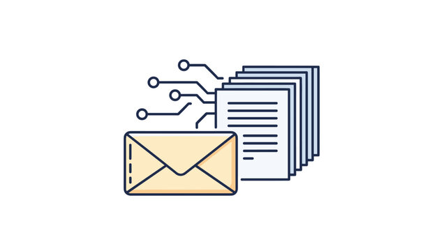 Envelope icon combined with a stack of documents and circuit paths represents email marketing, digital correspondence, and data transmission.