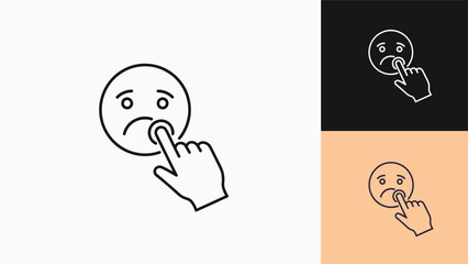 Graphic of a hand selecting a sad face emoji shown in white, black, and peach backgrounds represents negative feedback or customer dissatisfaction.