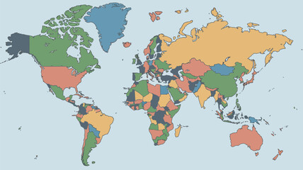 Obraz premium A colorful map of the world with different countries highlighted in various colors.