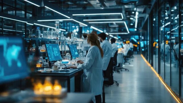 Cutting-Edge Science in Laboratory: Scientists in white coats meticulously work in a modern laboratory filled with advanced technology.