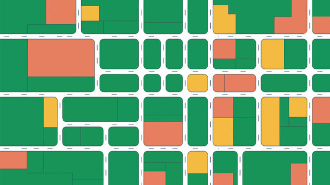 A vibrant and colorful graphic representation of a city map with various blocks and shapes