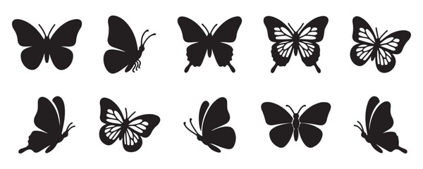 Butterfly silhouette set with various wing shapes, black insect vector illustration isolated on white background decorative collection © RadheK 