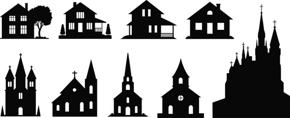 Obraz premium House and church silhouette collection, building skyline icons, residential homes and religious architecture, black vector illustration set