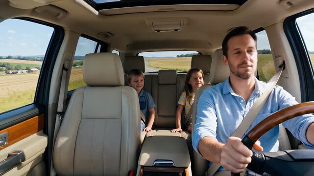 A man driving a car with two children in the back seat on a sunny day, enjoying a family road trip through the countryside.