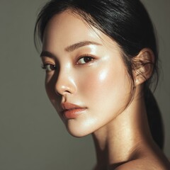 Naklejka premium Asian female model with smooth skin and sleek black hair poses against a neutral background, showcasing natural beauty and minimalistic makeup in a close-up portrait