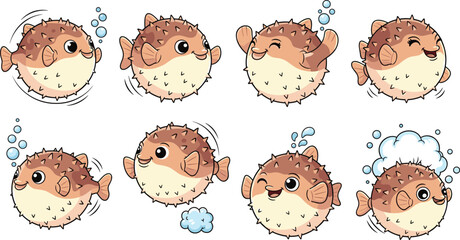 Cute Puffer Fish Cartoon Character Set Featuring Adorable Blowfish with Bubbles, Inflating Expressions, and Ocean Sea Life Elements in Kawaii Vector Style © Priyanka