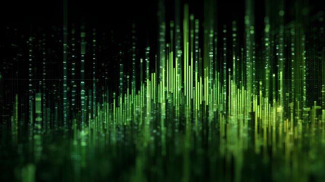 Digital Data Stream: A mesmerizing display of digital data streams, visualized as luminous green lines against a dark background, evoking the essence of modern technology and connectivity.