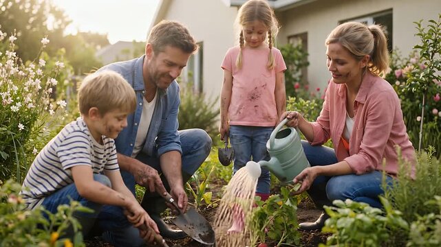 Happy family with two children gardening together in their sunny backyard, planting and watering flowers and vegetables.