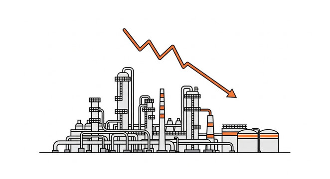 Industrial decline illustration with a downward trending arrow.