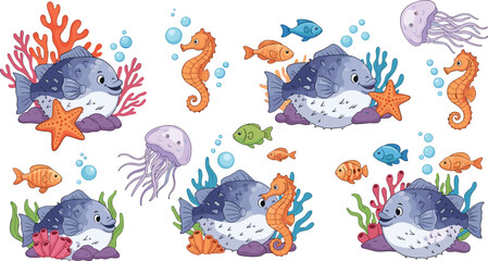 Cute Puffer Fish Ocean Cartoon Vector Set Featuring Blowfish, Seahorse, Jellyfish, Starfish, Coral Reef, and Tropical Sea Life Characters © Priyanka