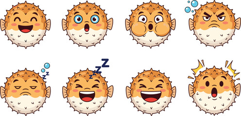 Cute Puffer Fish Emoji Face Set Featuring Happy, Angry, Sleeping, Laughing, Surprised, and Inflated Blowfish Expressions in Adorable Cartoon Vector Style © Priyanka