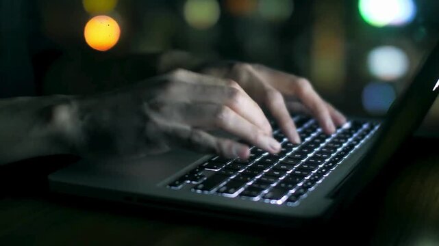 real time Extreme close-up human hands typing on laptop. Closeup coding on AI chatbot coding, working hard at night overtime on computer. 4K HD