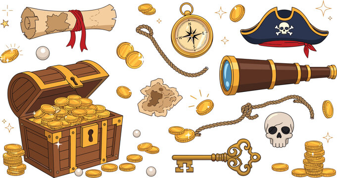 Pirate Treasure Adventure Vector Set with Gold Chest, Coins, Compass, Telescope, Skull, Key and Nautical Map