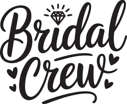 Bridal crew text in script font with diamond and hearts for wedding party