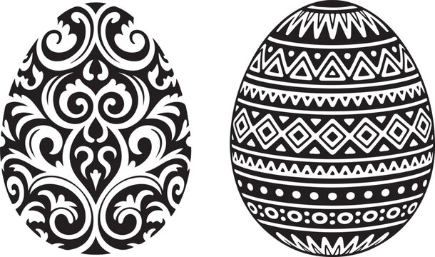 Two ornate Easter eggs, one with detailed baroque swirls, other with geometric tribal patterns