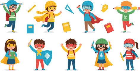 Superhero School Kids Cartoon Vector Set with Children Wearing Capes, Books, Pencils and Learning Characters © nice