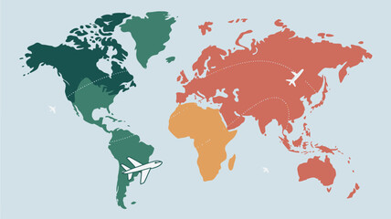 Obraz premium A colorful world map with airplanes flying across continents, symbolizing global travel and connection.