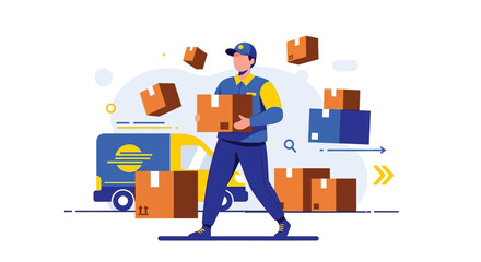 Delivery man in blue uniform carrying boxes with truck and packages around him moving quickly