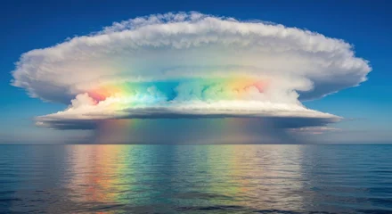 Poster Reflectie Dramatic cloud formation resembling a mushroom, with rainbow colors reflected on water  © ROY