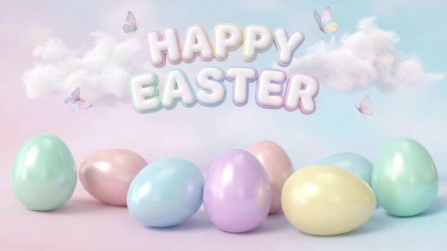 Happy easter greeting with shiny pastel colored eggs and butterflies on soft blue pink gradient cloud background
