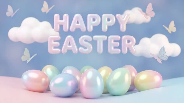 Happy easter greeting with pearlescent pastel eggs and fluffy clouds on soft blue pink gradient background with butterflies
