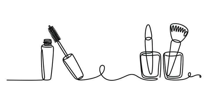Minimalist continuous line art of makeup essentials including mascara brush and cosmetic tools