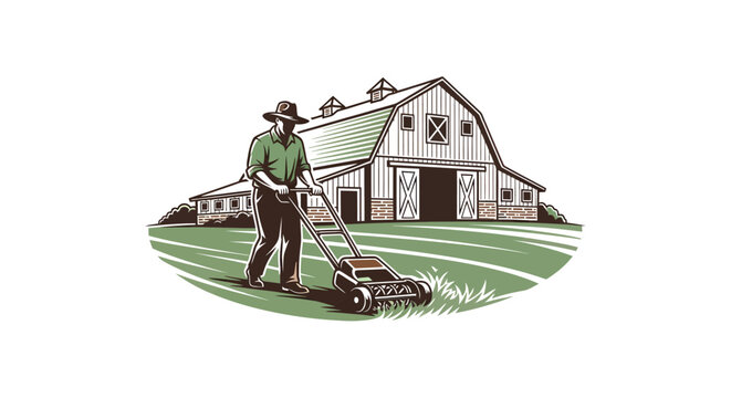 Man mowing lawn in front of a barn, vintage style illustration.