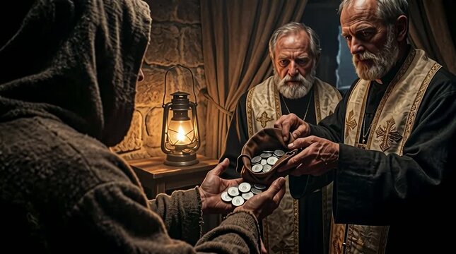 Man Receiving Silver Coins from Priests in Dark Room