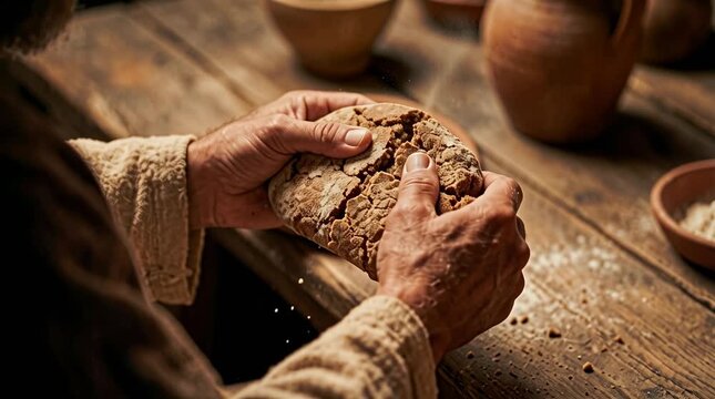 Hands Breaking Rustic Loaf of Unleavened Bread Close-Up