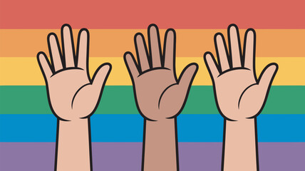 Fototapeta premium A diverse group of people showing solidarity and support for equality and human rights with raised hands in front of a rainbow flag.