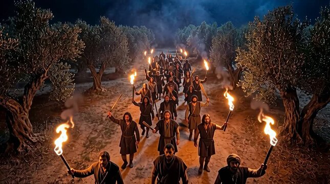 Crowd with Flaming Torches Approaching in Dark Olive Grove