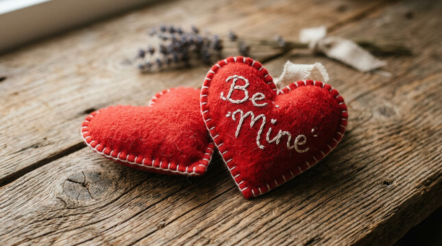 romantic red heart-shaped plush toys with 'Be Mine' message for Valentine's Day