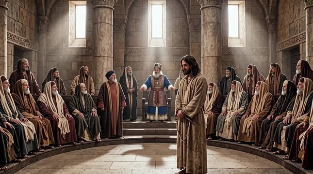 Bound Man Silent Before Angry Assembly in Stone Architecture