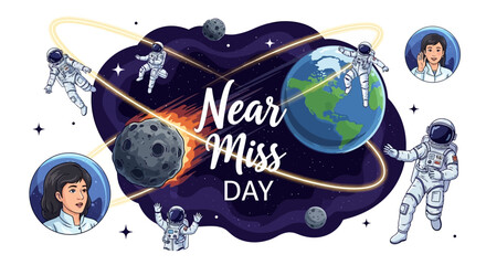 Illustration of Near Miss Day with astronauts and planets in space, conveying awareness of asteroid near Earth and planetary defense concept. © Rahmat