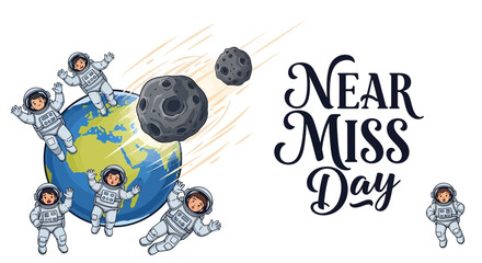 Illustration of astronauts reacting to asteroids passing by Earth on Near Miss Day with a space threat awareness concept. © Rahmat