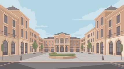 Naklejka premium A serene and elegant city square with a large building in the background and a round garden in the center
