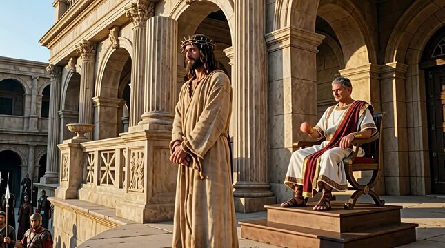 Bound Man Standing Before Official on Stone Balcony