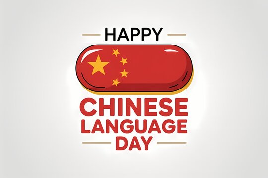 Happy Chinese language day graphic with red capsule flag symbol and bold event text on soft gray background
