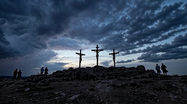 Men Crucified on Wooden Crosses Under Dark Stormy Sky