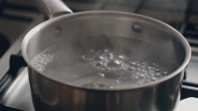 A pot of boiling water steaming on a kitchen stove burner