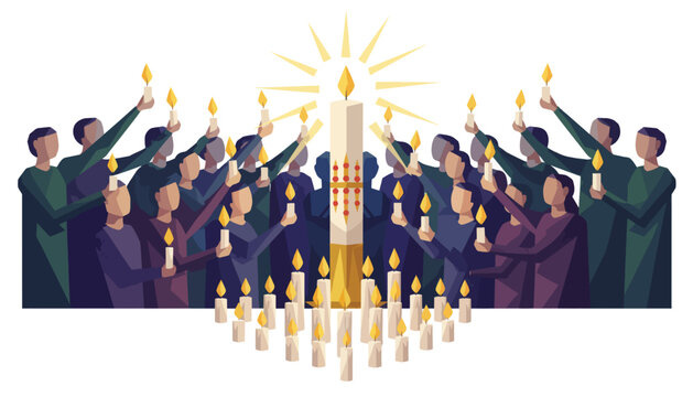 Easter vigil congregation lighting candles vector illustration. Geometric low poly design of Paschal candle and church community. Religious ceremony graphic isolated on transparent background