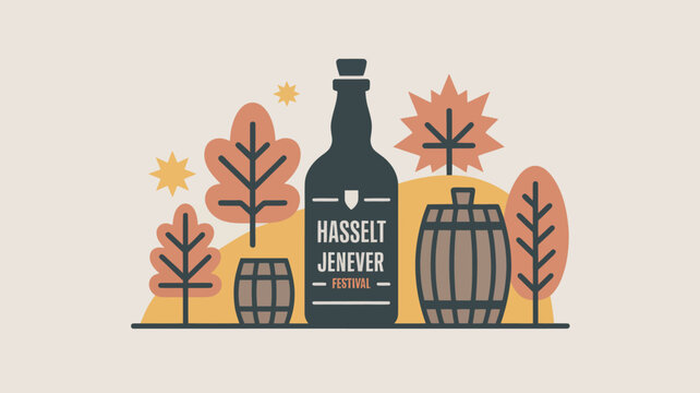 A bottle of Hasselt Jenever surrounded by autumn leaves and wooden barrels on a yellow background