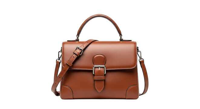 Brown leather handbag with buckle and strap isolated on transparent background