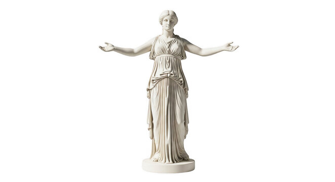 A white statue of a woman with her arms outstretched on transparent background