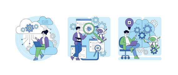 Technology Interaction and AI Vector Illustration Set