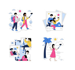 Fototapeta premium Vector Illustrations of People Taking Selfies on Vacation