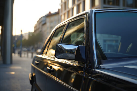 berline noire sur rue urbaine vide, vue de profil compl&Atilde;&uml;te, no people, lumi&Atilde;&uml;re du matin brillante, surfaces nettes et realistes, style commercial moderne